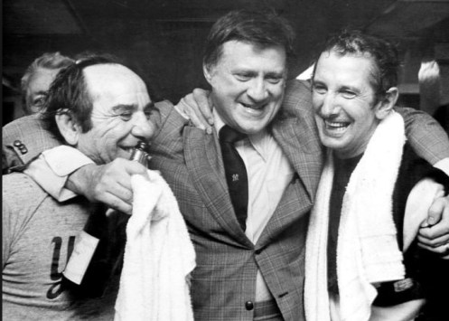 Celebrating 1976 ALCS Game Five Victory: Yogi Berra, George Steinbrenner and Billy Martin