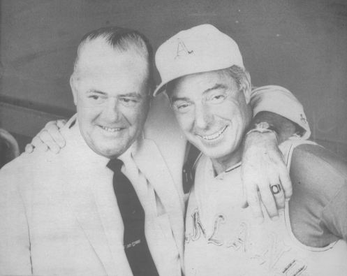Oakland Athletics vice president Joe DiMaggio, right, has reunion last night with Ken Keltner, the former Cleveland Indians third baseman who twice threw out the former Yankee on July 17, 1941, when DiMaggio's 56-hit game hitting streak was halted.